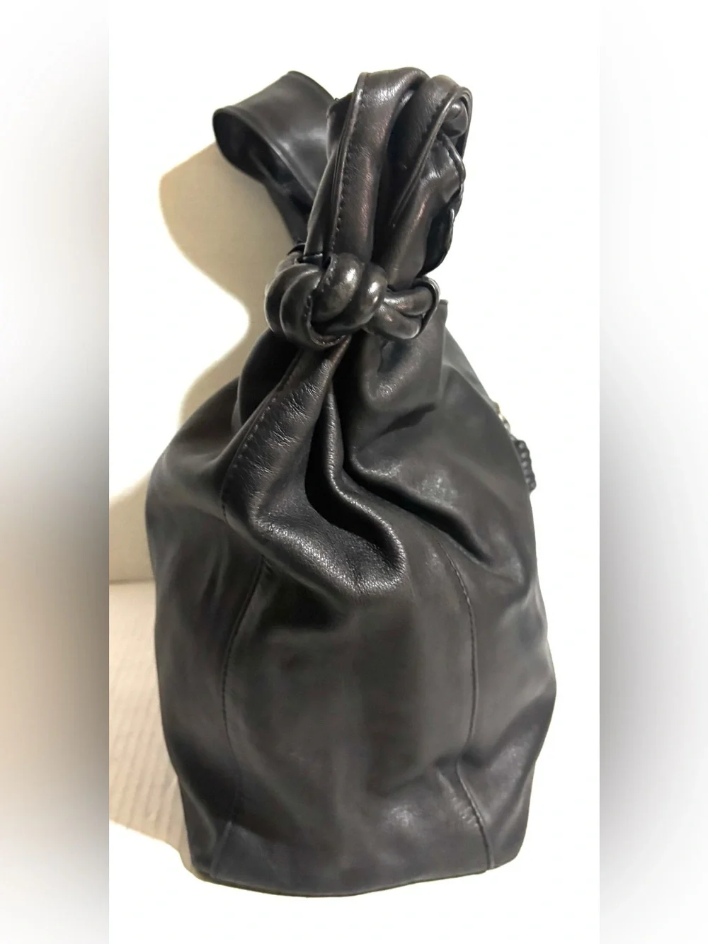 Black Leather Shoulder Hobo Bag with Zip Accent